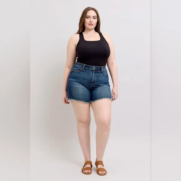 Judy Blue High Rise Tummy Control Shield Pocket Frayed Hem Shorts Various NEW