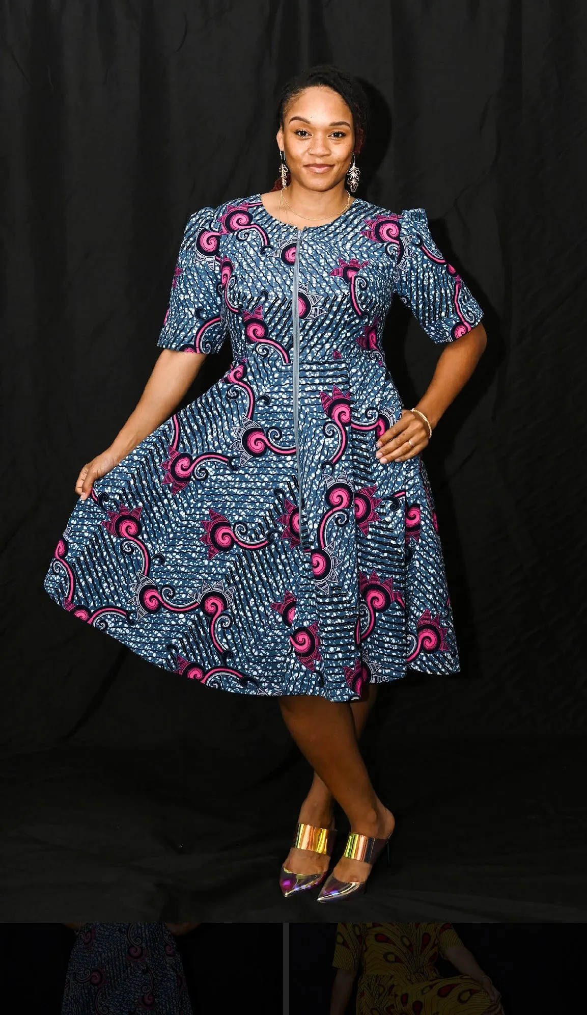 Kenya Zip Front dress with puff sleeves Grey and pink