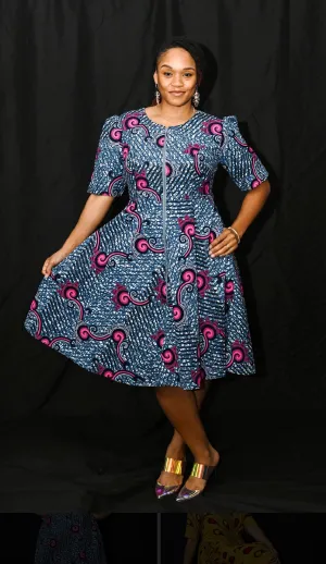 Kenya Zip Front dress with puff sleeves Grey and pink