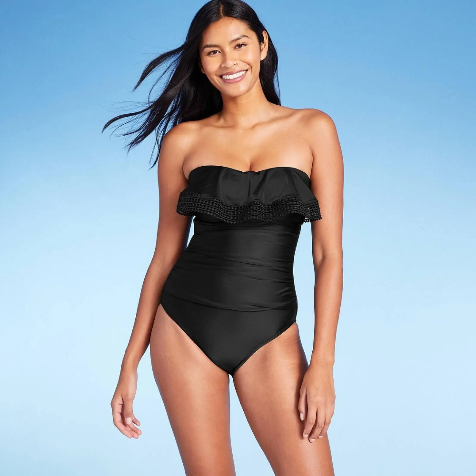 Kona Sol Women's Crochet Flounce High Coverage One Piece Swimsuit Black XL