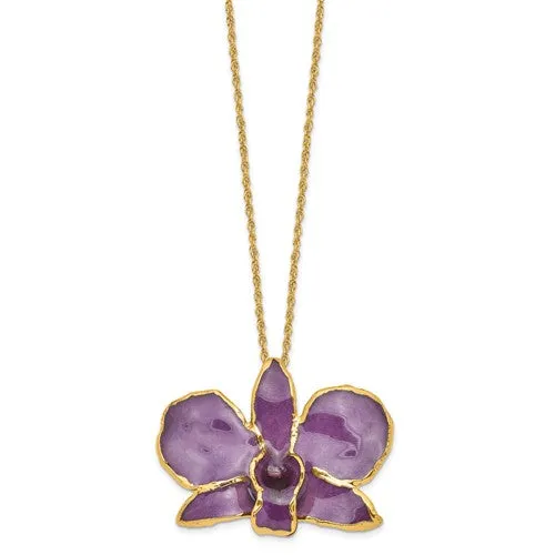 Lacquer Dipped 24k Gold Trimmed Purple Dendrobium Orchid 20" Necklace