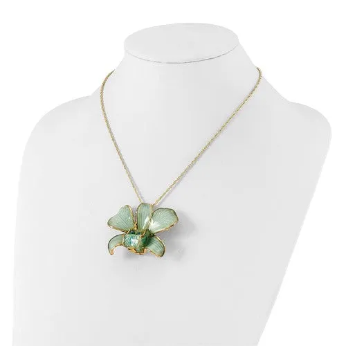 Lacquer Dipped Gold Trimmed Blue Dendrobium Real Orchid 20" Necklace