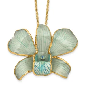 Lacquer Dipped Gold Trimmed Blue Dendrobium Real Orchid 20" Necklace