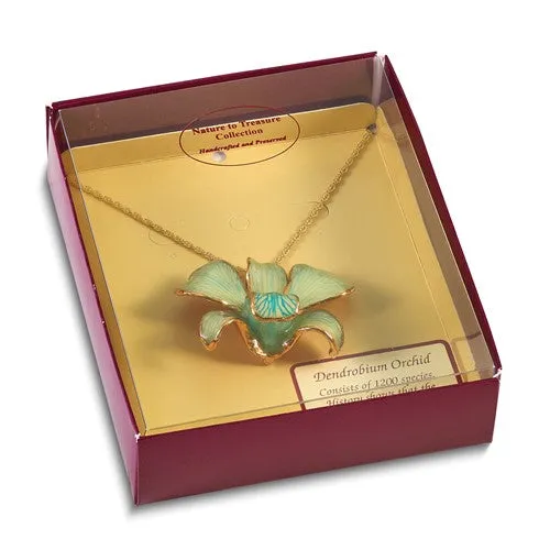 Lacquer Dipped Gold Trimmed Blue Dendrobium Real Orchid 20" Necklace