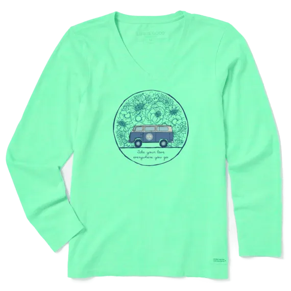 Life is Good Women's Love Bus Long Sleeve Crusher Vee, Spearmint Green