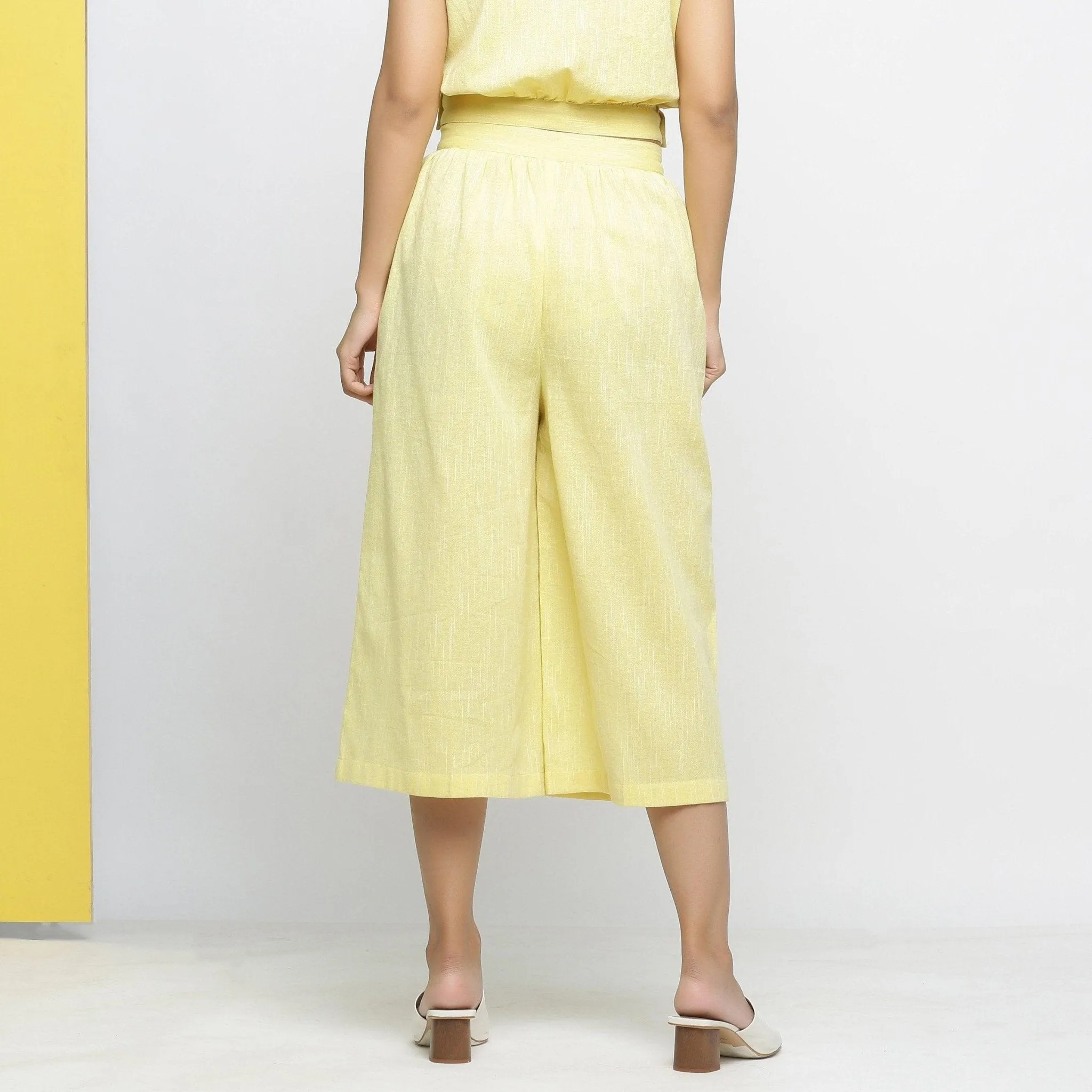 Light Yellow Yarn Dyed 100% Cotton Flared Culottes