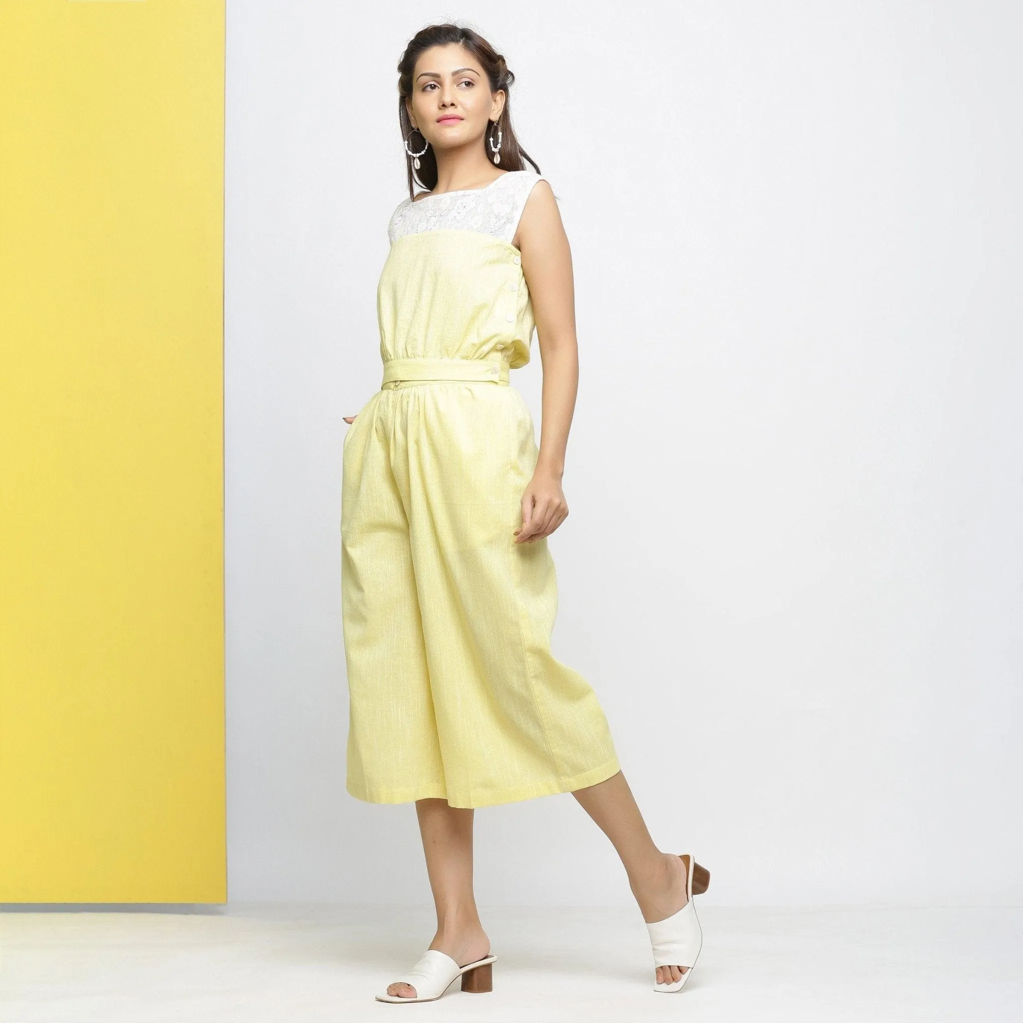 Light Yellow Yarn Dyed 100% Cotton Flared Culottes