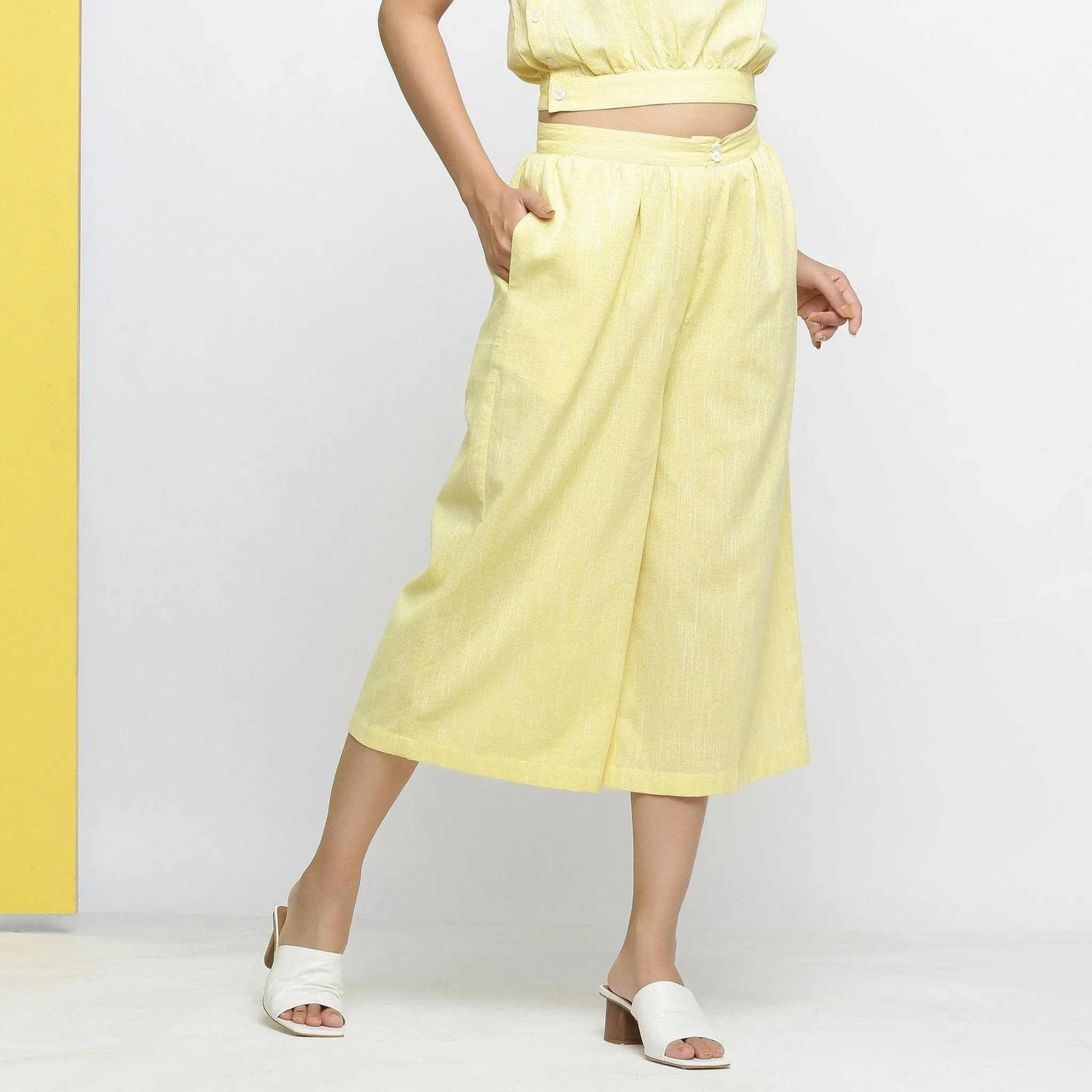 Light Yellow Yarn Dyed 100% Cotton Flared Culottes