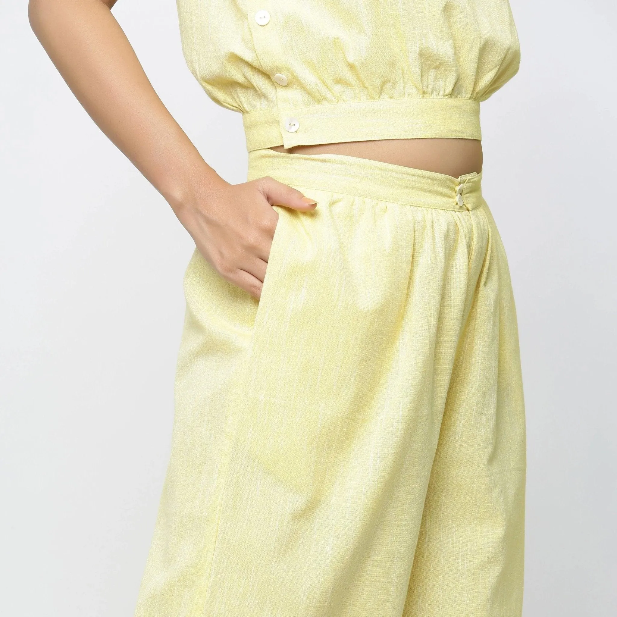 Light Yellow Yarn Dyed 100% Cotton Flared Culottes