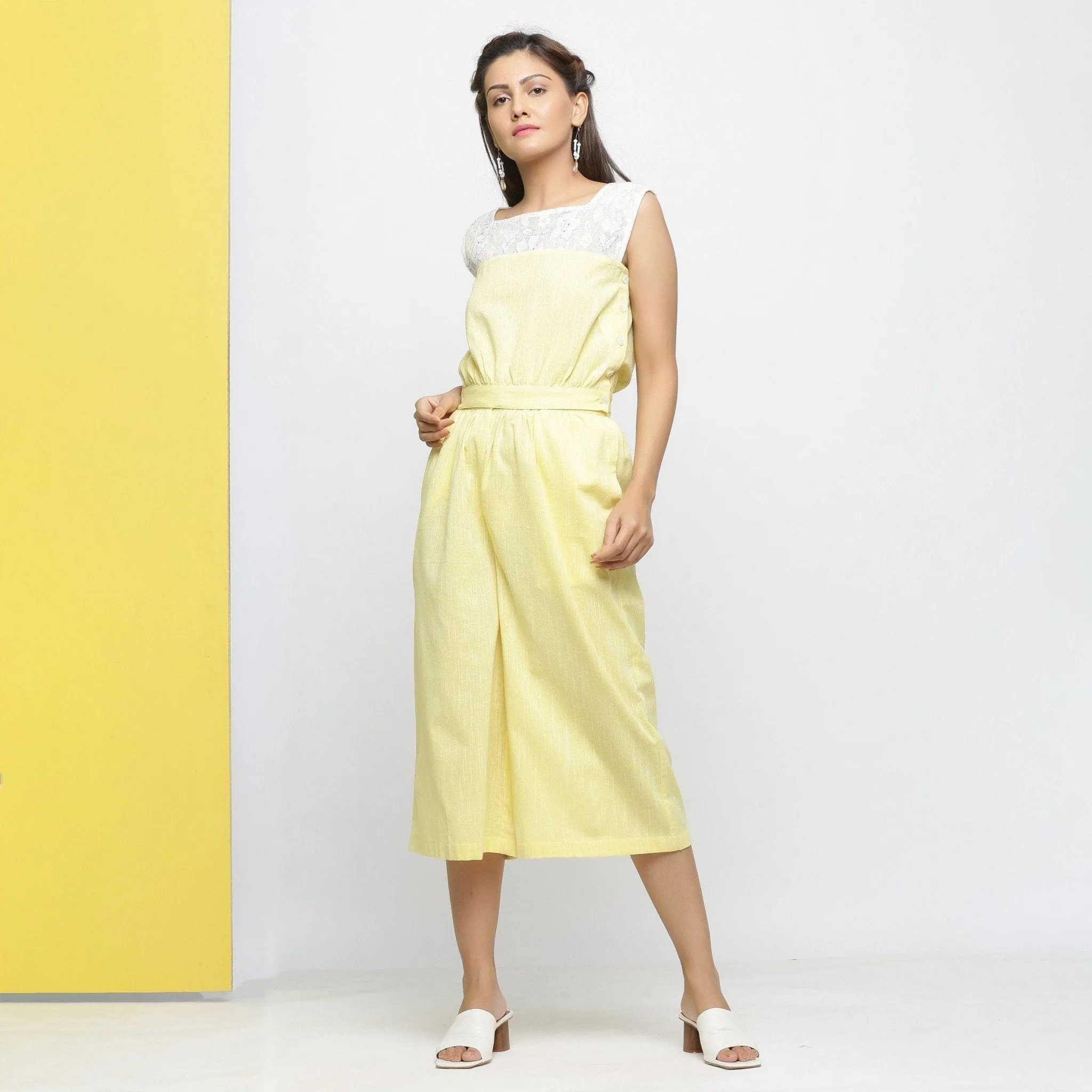 Light Yellow Yarn Dyed 100% Cotton Flared Culottes