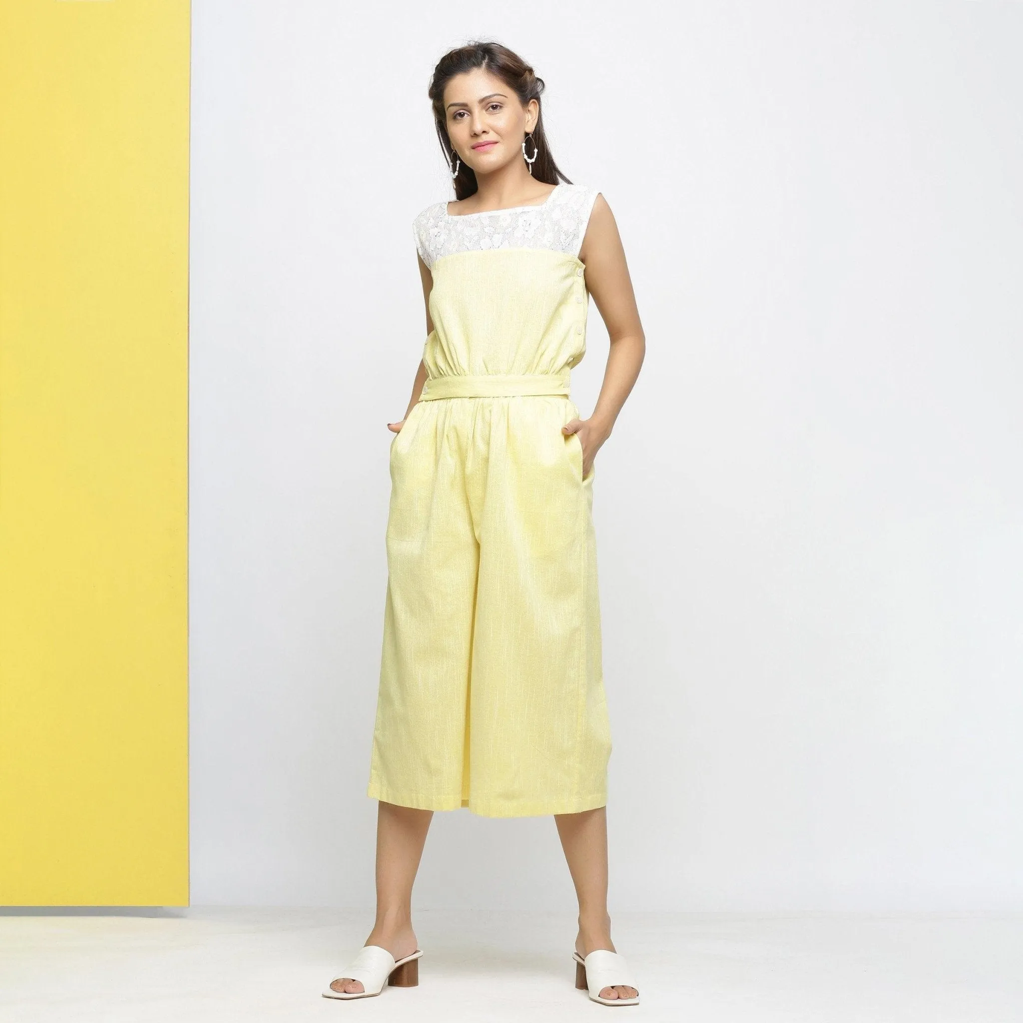 Light Yellow Yarn Dyed 100% Cotton Flared Culottes