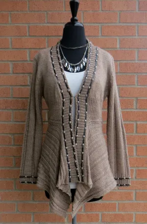 Lily | Crochet Beige Sweater Cardigan with Leather Trim
