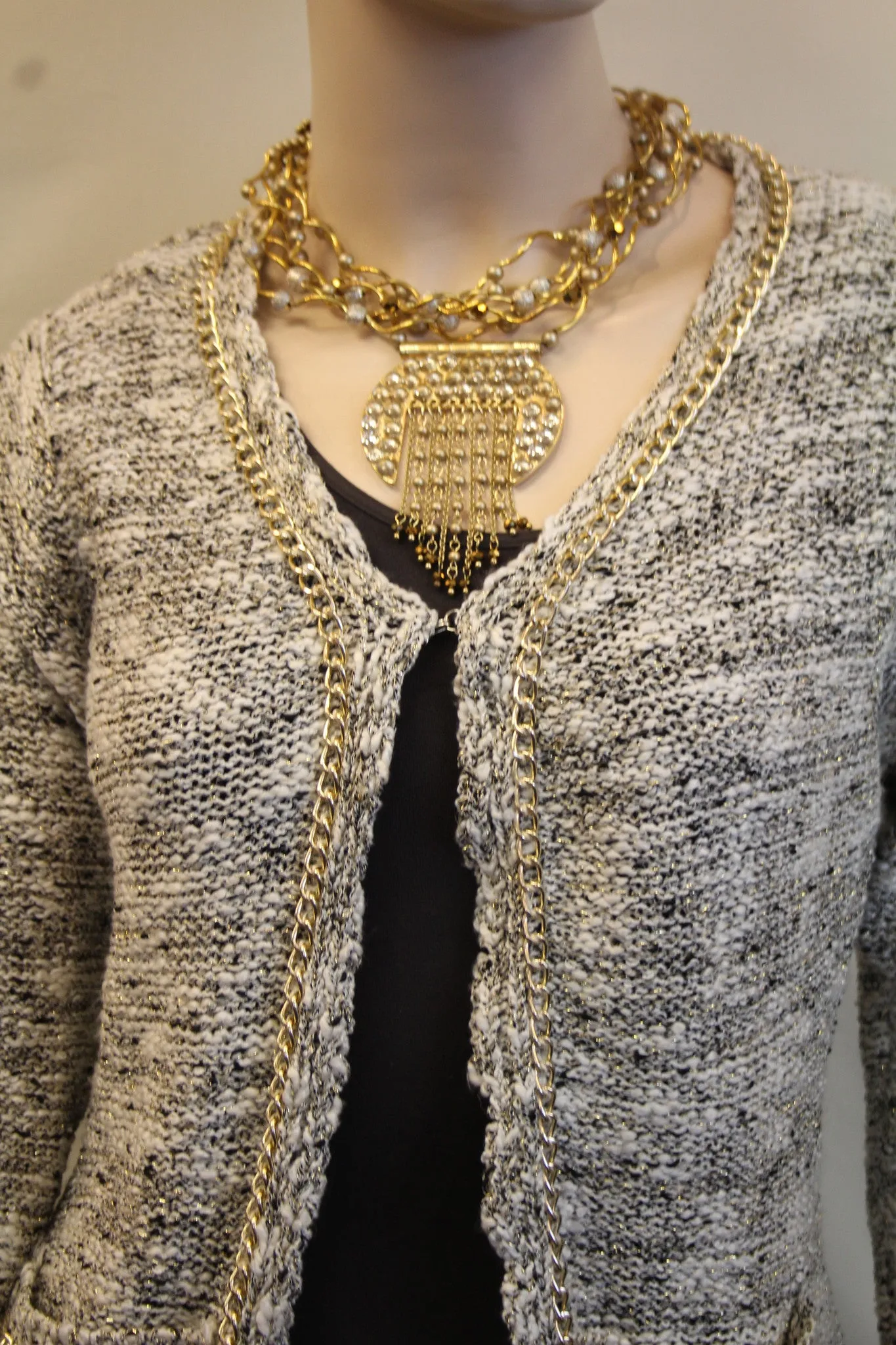 Lily | Two-Tone Sweater Cardigan with Gold Chain Trimming Cream