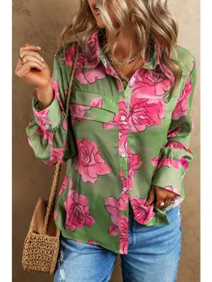 Little Daisy Closet Green Floral Print Pleated Detail Puff Sleeve Shirt