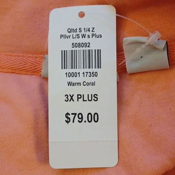 L.L.Bean Warm Coral 1/4 Zipper Pull   Over Quilted Long Sleeve Sweater. 3X