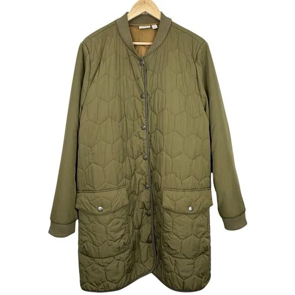 LOGO Lori Goldstein Women's Long Puffer Coat XL Olive Green Quilted Parka
