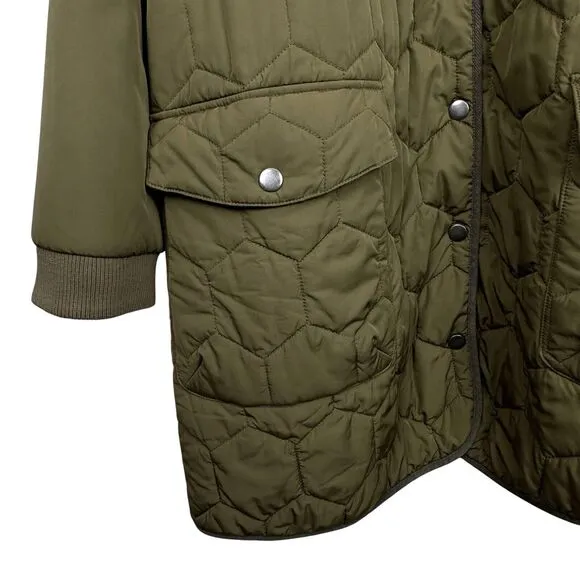 LOGO Lori Goldstein Women's Long Puffer Coat XL Olive Green Quilted Parka
