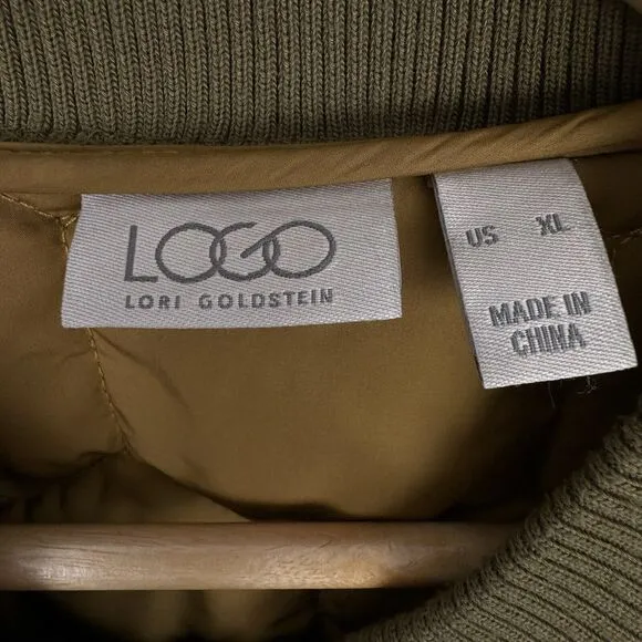 LOGO Lori Goldstein Women's Long Puffer Coat XL Olive Green Quilted Parka