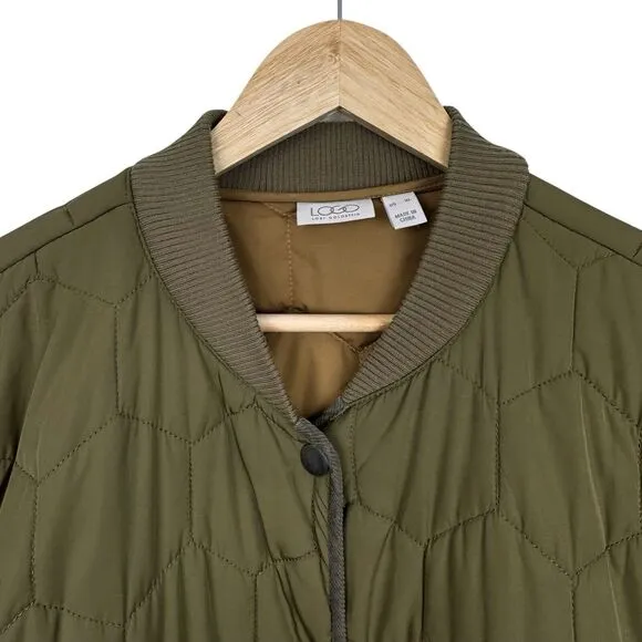 LOGO Lori Goldstein Women's Long Puffer Coat XL Olive Green Quilted Parka