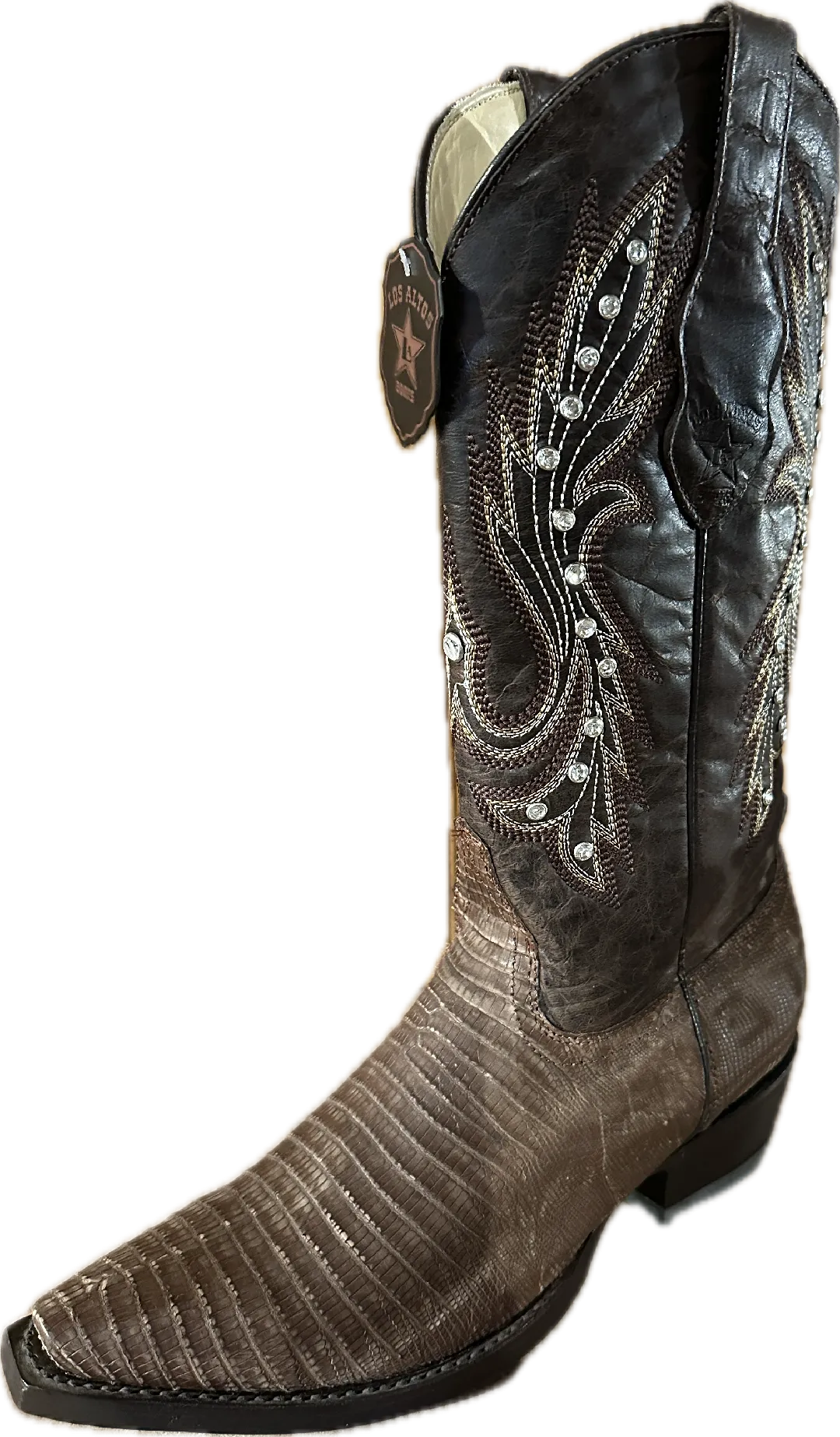Los Altos Women's Genuine Brown Lizard with Snip Toe and Rhinestones