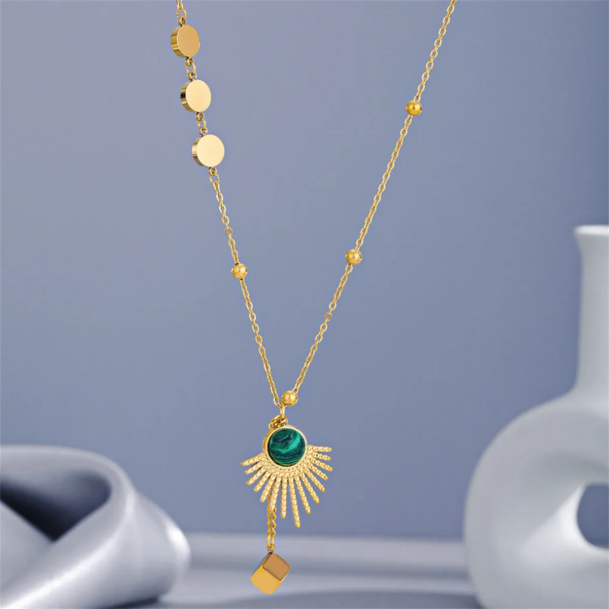 Malachite & 18K Gold-Plated Sun Pendant Necklace