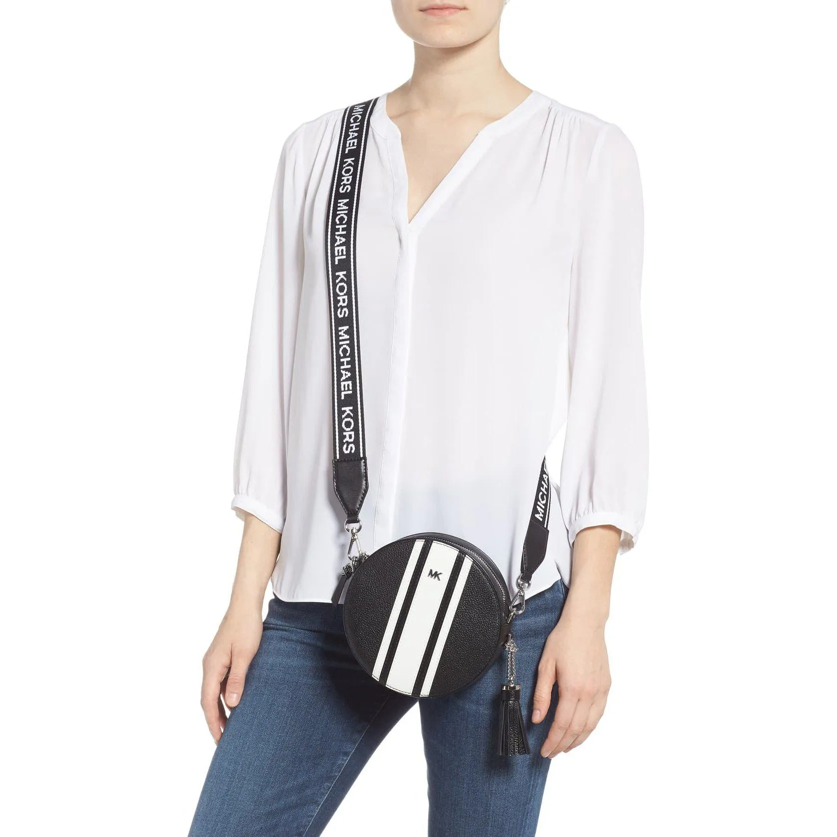 Michael Kors Leather Canteen White Black Crossbody Bag
