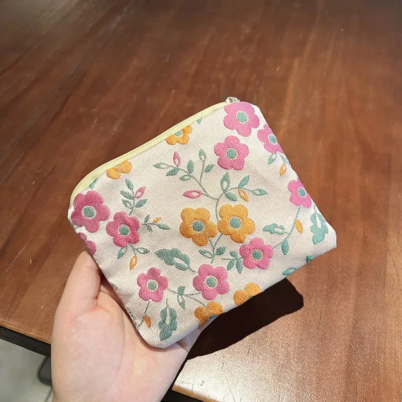 Mini Zipper Coin Purse for Women Cute Floral Clutch Purse Lipstick Bag Key Wallet Travel Makeup Cotton Storage Bag Pouch