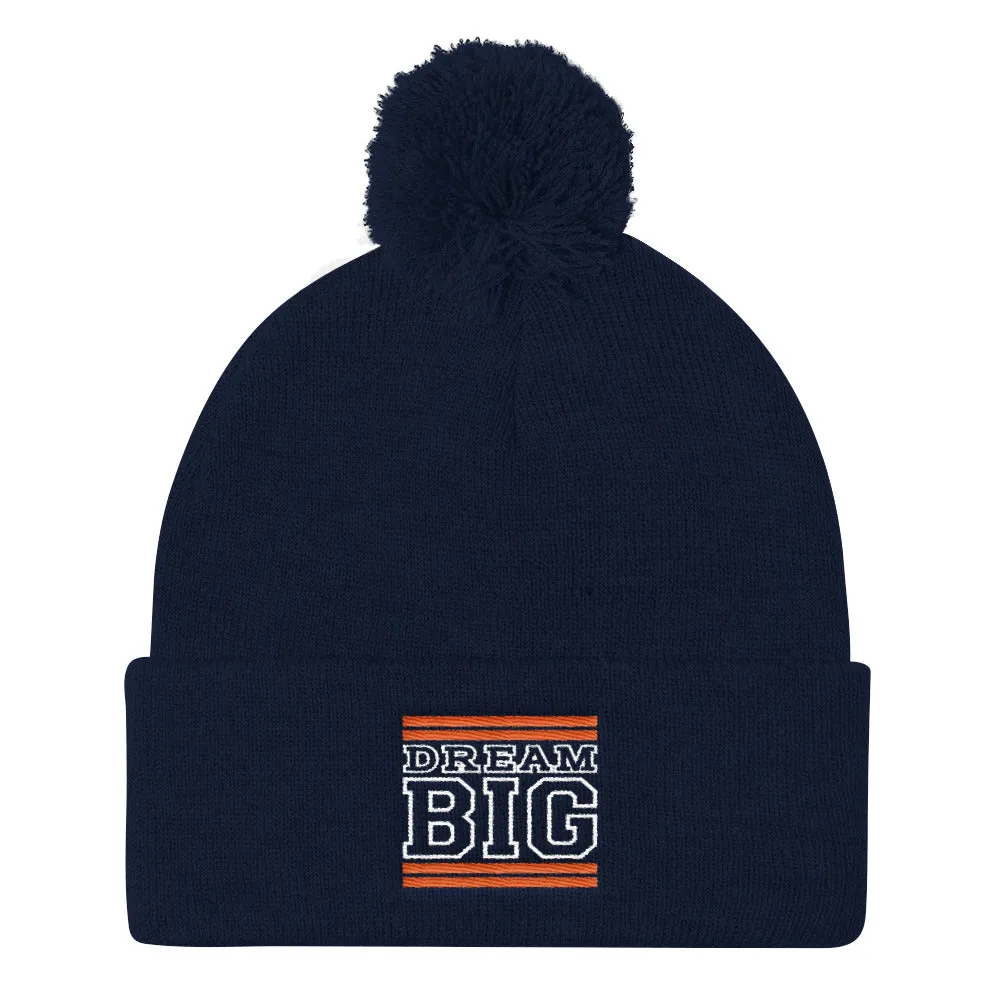 Navy Blue Orange and White Pom Pom Beanie