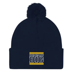 Navy Blue Yellow and White Pom Pom Beanie