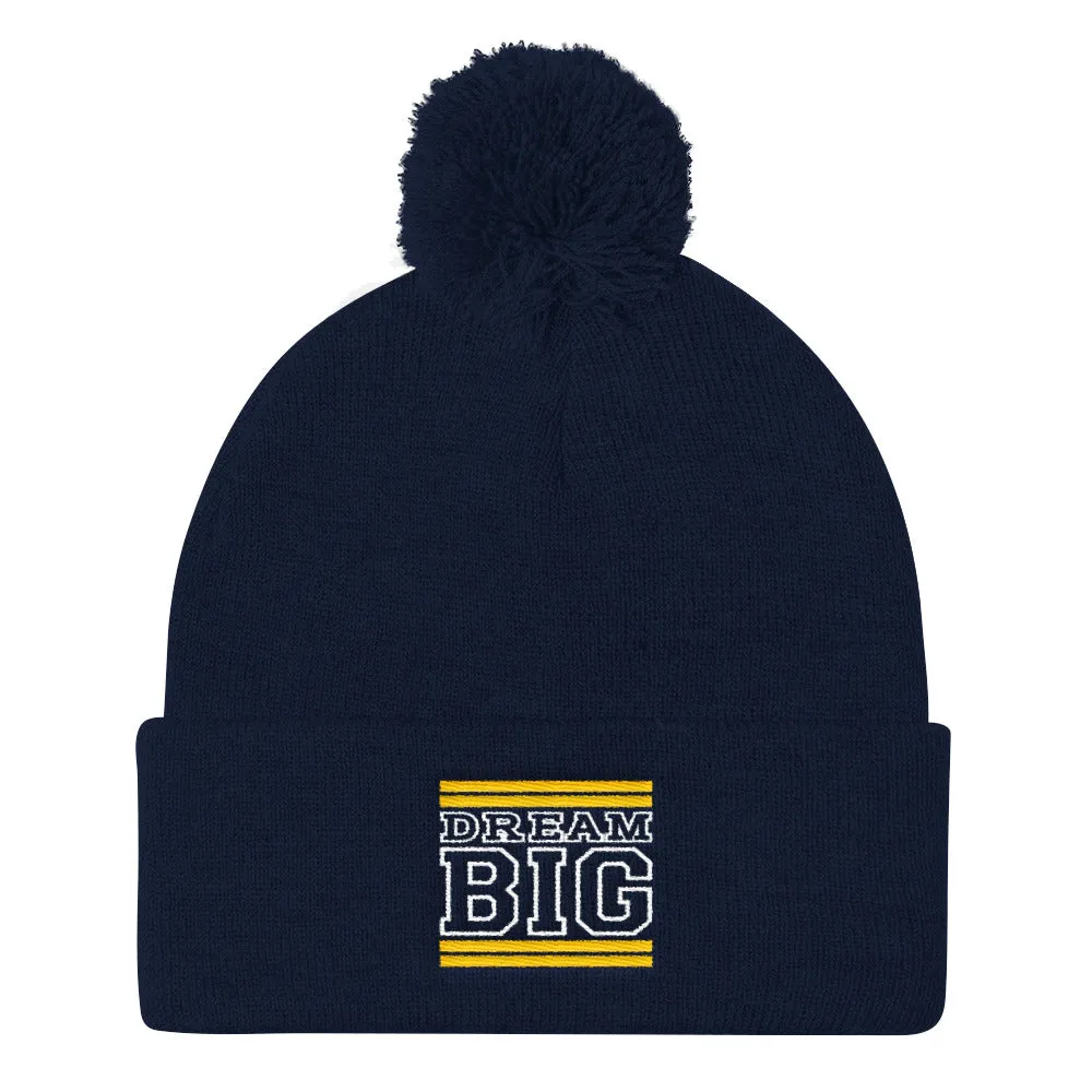 Navy Blue Yellow and White Pom Pom Beanie