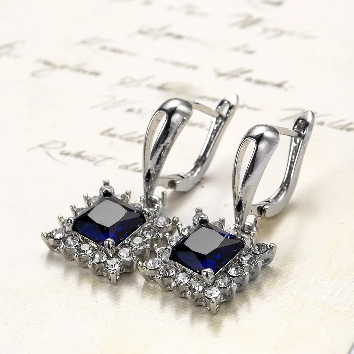 Navy Crystal & Cubic Zironia Square Drop Earrings