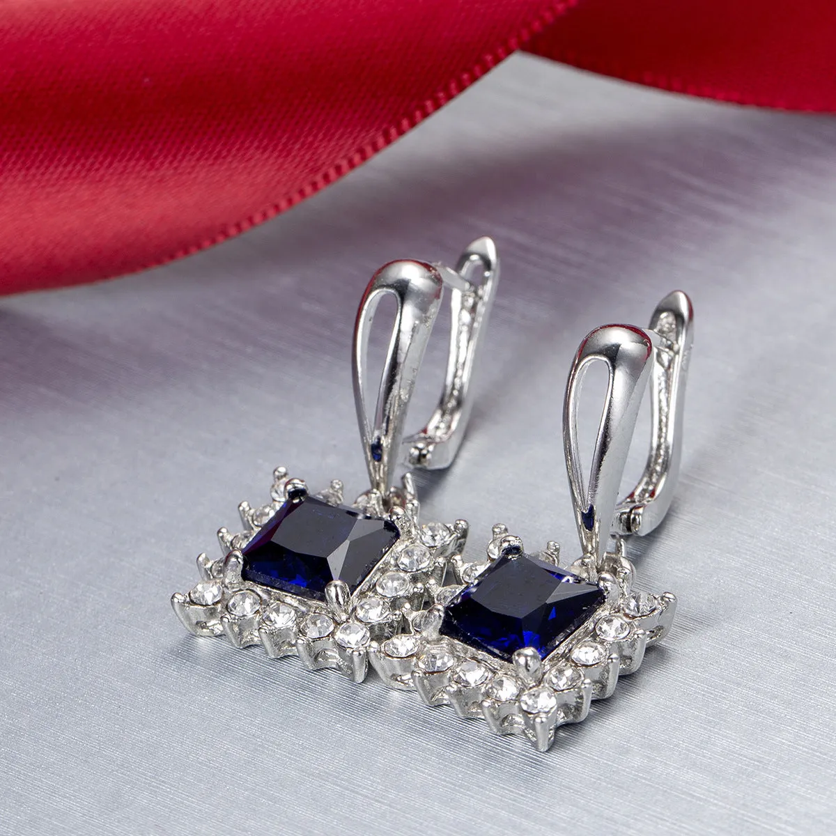 Navy Crystal & Cubic Zironia Square Drop Earrings
