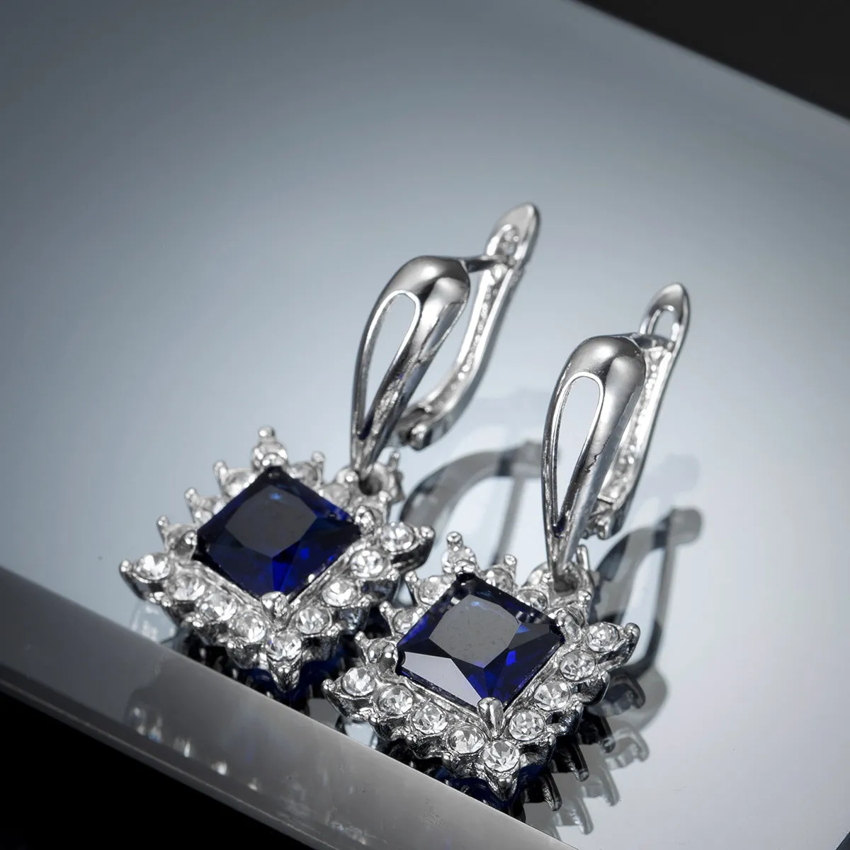Navy Crystal & Cubic Zironia Square Drop Earrings