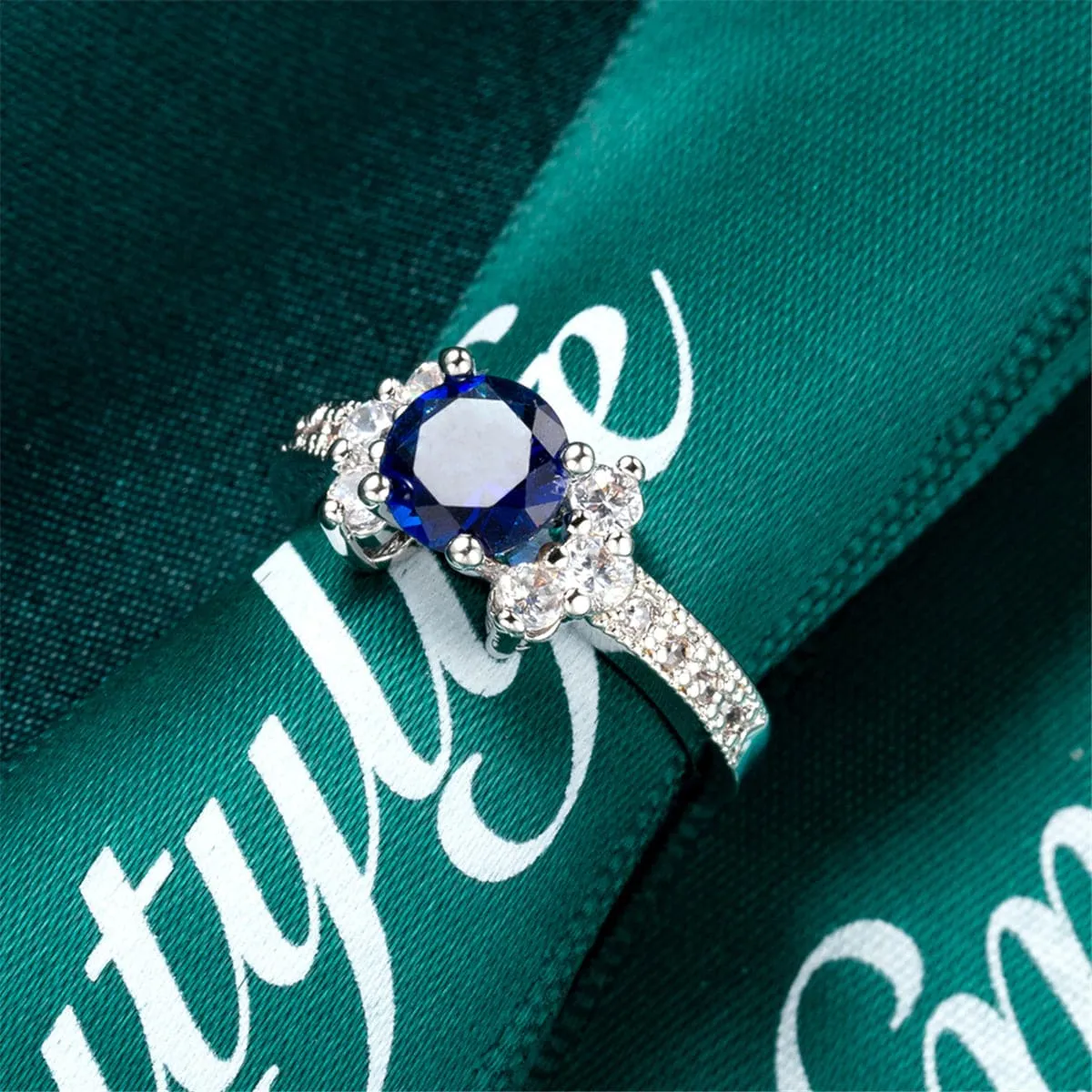 Navy Cubic Zirconia & Crystal Round Cluster-Side Ring