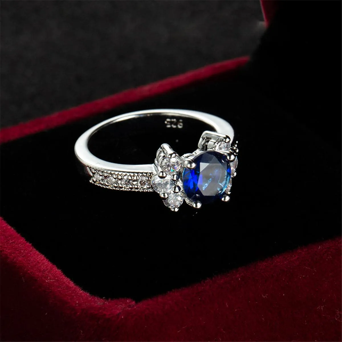 Navy Cubic Zirconia & Crystal Round Cluster-Side Ring
