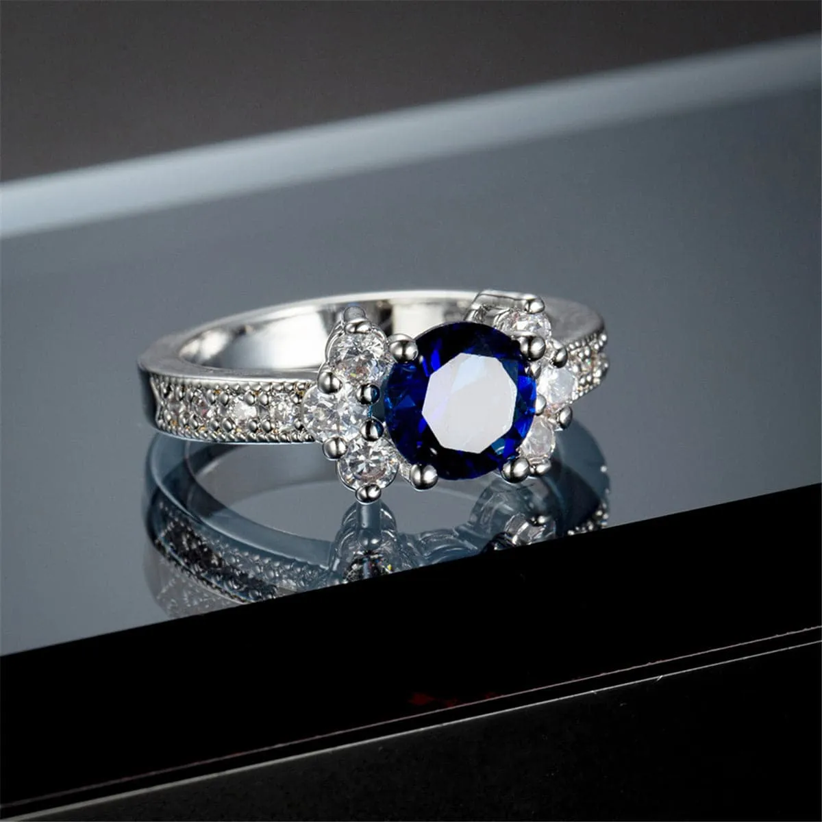 Navy Cubic Zirconia & Crystal Round Cluster-Side Ring