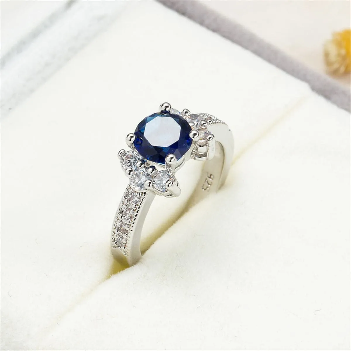 Navy Cubic Zirconia & Crystal Round Cluster-Side Ring