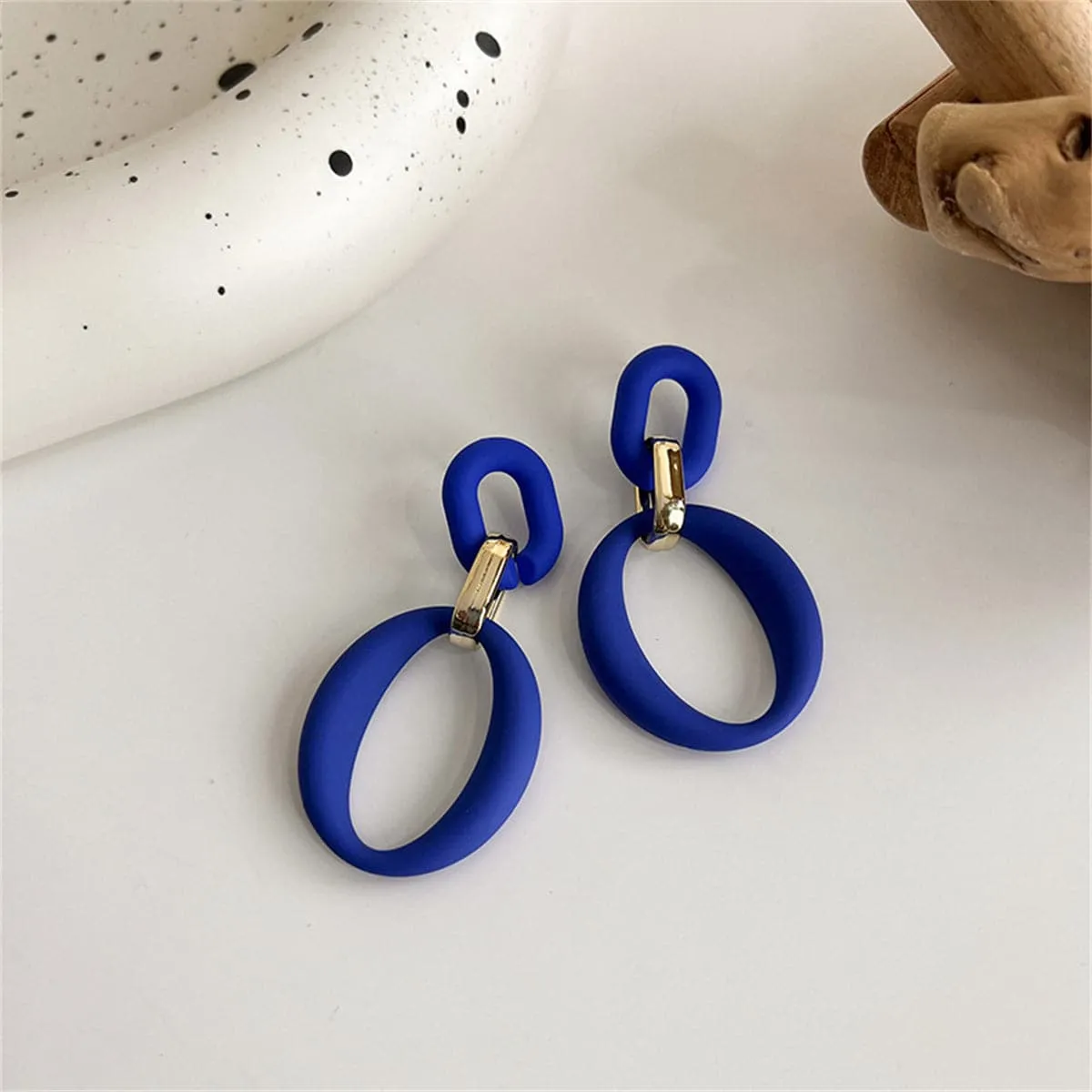 Navy Enamel & 18K Gold-Plated Openwork Oval Drop Earrings