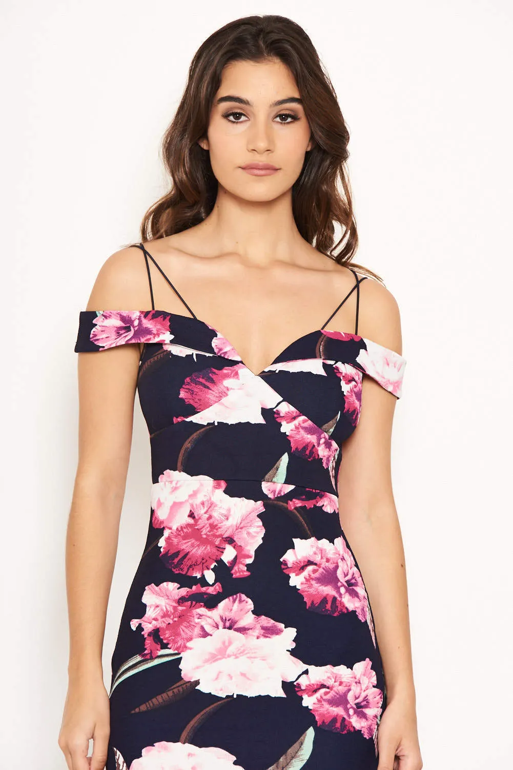 Navy Floral Midi Dress With Delicate Straps