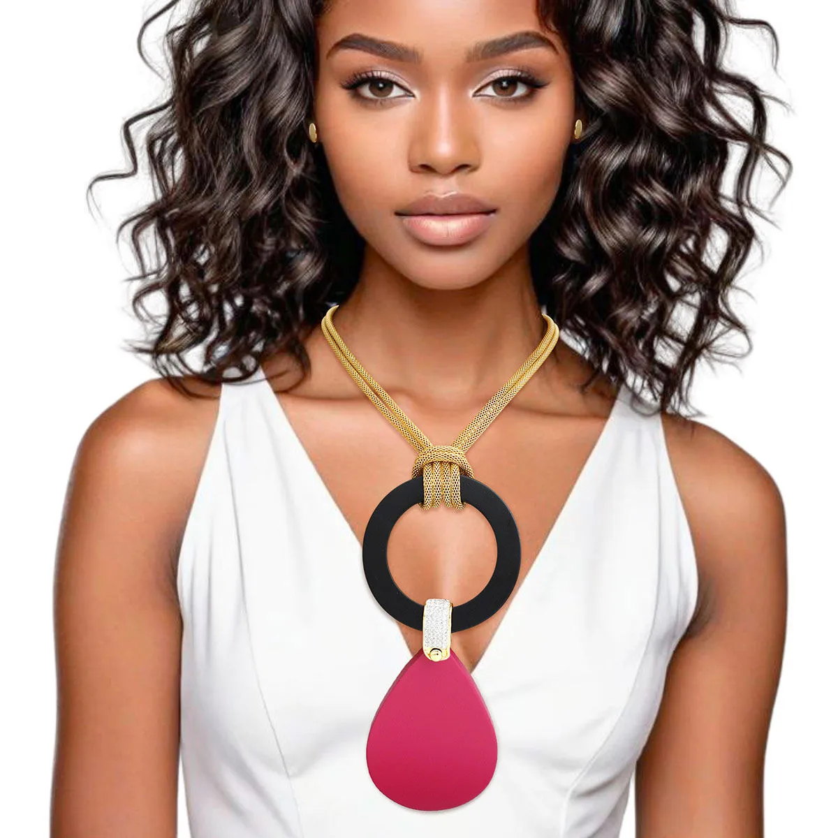 Necklace Long Fuchsia Teardrop Pendant Set
