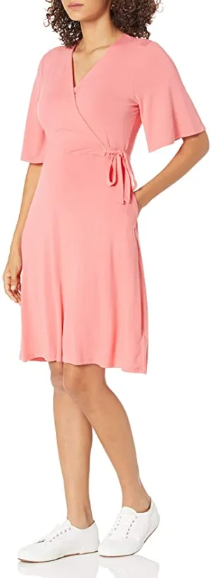 New Amazon Essentials Women's Standard Kimono Sleeve Wrap Dress in bright Coral, Sz M!