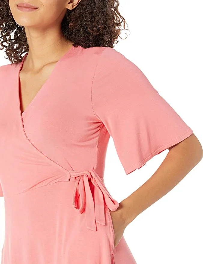 New Amazon Essentials Women's Standard Kimono Sleeve Wrap Dress in bright Coral, Sz M!