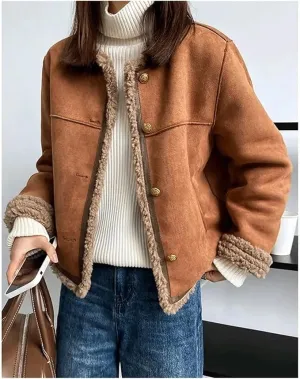 New CSCDD Winter Faux Lamb Hair Women's Plush Coat Solid Single Breasting Round Neck Outerwear Straight Thick Female Jacket Sz S