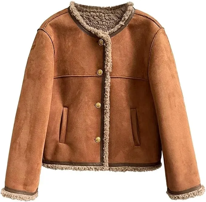 New CSCDD Winter Faux Lamb Hair Women's Plush Coat Solid Single Breasting Round Neck Outerwear Straight Thick Female Jacket Sz S
