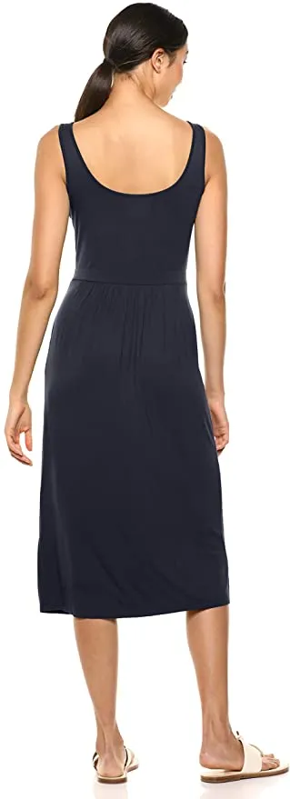New Daily Ritual Women's Jersey Standard-Fit Sleeveless Empire-Waist Midi Dress in Navy, Sz L!