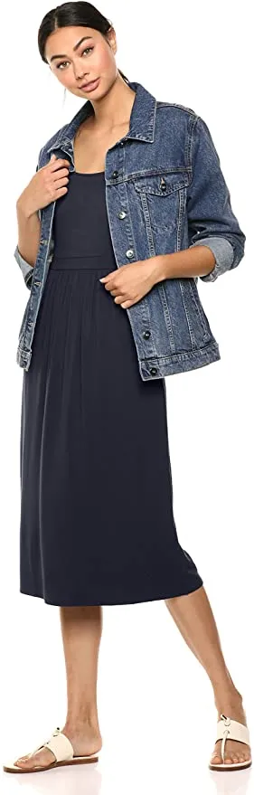 New Daily Ritual Women's Jersey Standard-Fit Sleeveless Empire-Waist Midi Dress in Navy, Sz L!