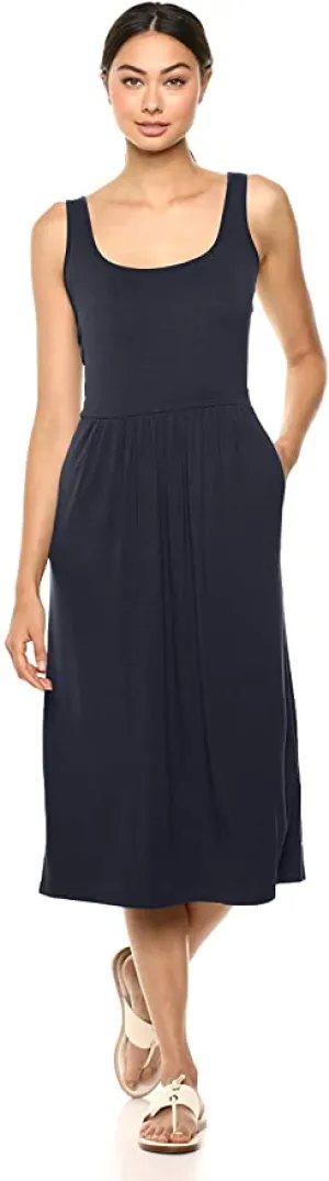 New Daily Ritual Women's Jersey Standard-Fit Sleeveless Empire-Waist Midi Dress in Navy, Sz L!