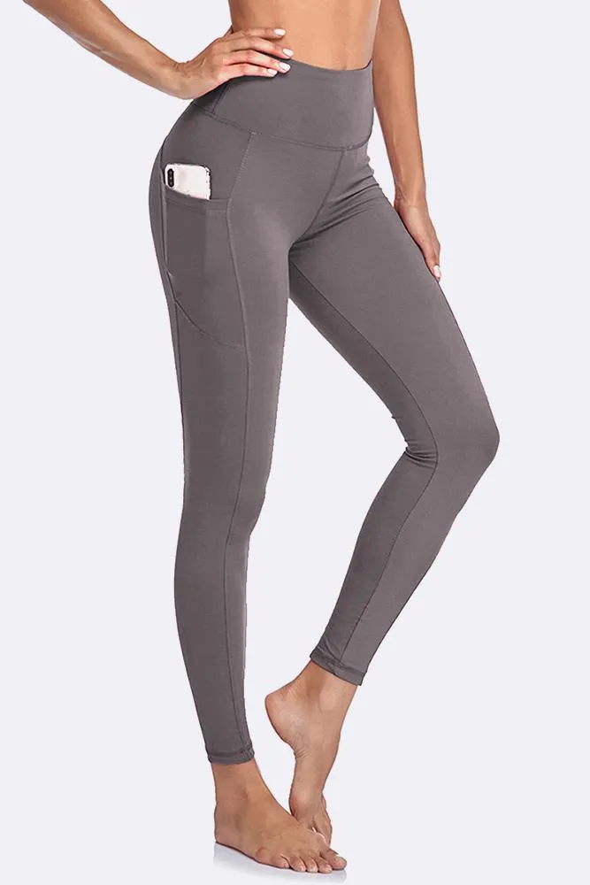 New vdbm YOGA Women's Light-Fleece Workout Leggings - High Waisted Warm Matte Brushed Tights Pants with Pockets, Grey, Sz L