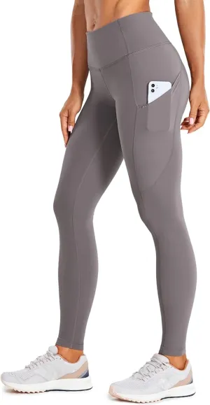 New vdbm YOGA Women's Light-Fleece Workout Leggings - High Waisted Warm Matte Brushed Tights Pants with Pockets, Grey, Sz L