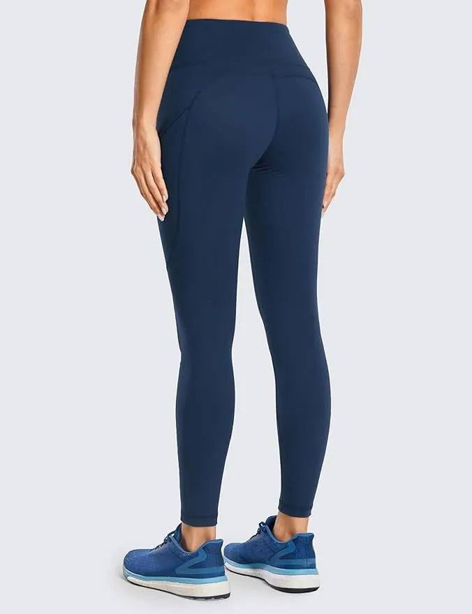 New vdbm YOGA Women's Light-Fleece Workout Leggings - High Waisted Warm Matte Brushed Tights Pants with Pockets, Navy, Sz XL